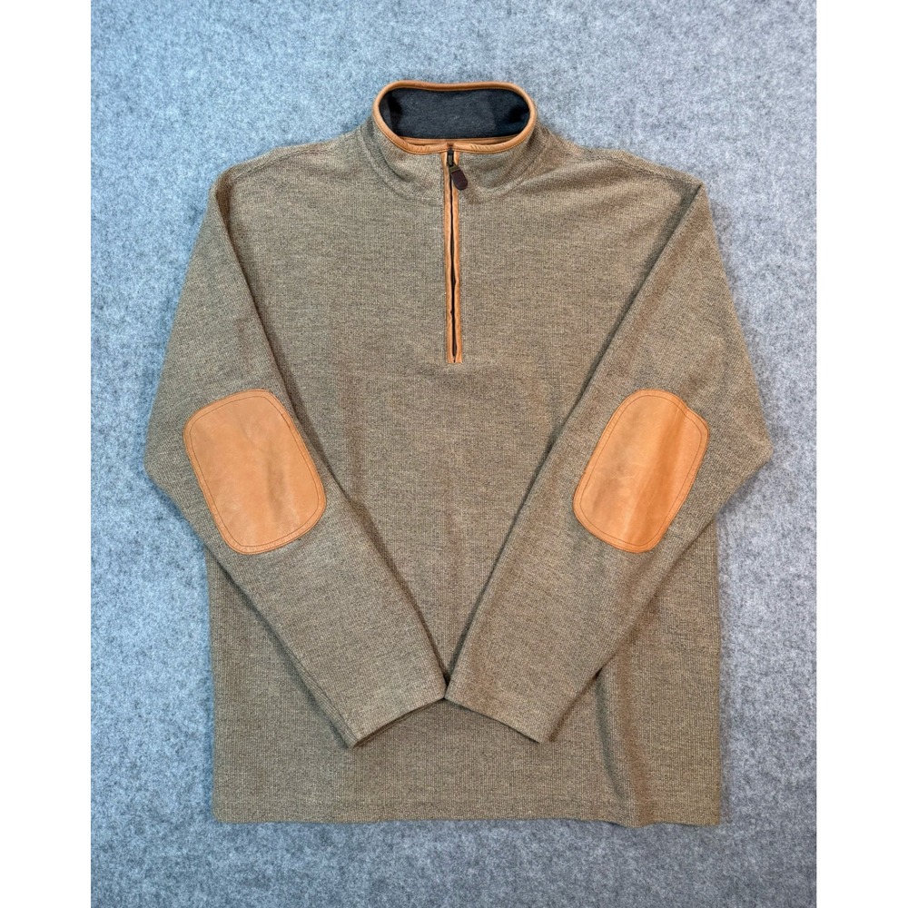 Orvis Mens Brown Quarter Zip Pullover Sweater Faux Leather Elbow Patches Large